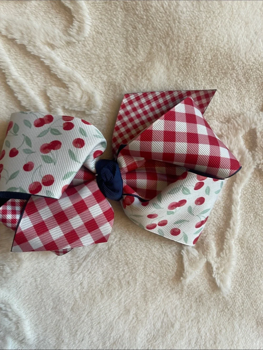 Matilda Jane Red Gingham & Cherry Hair Bow with Navy Knot